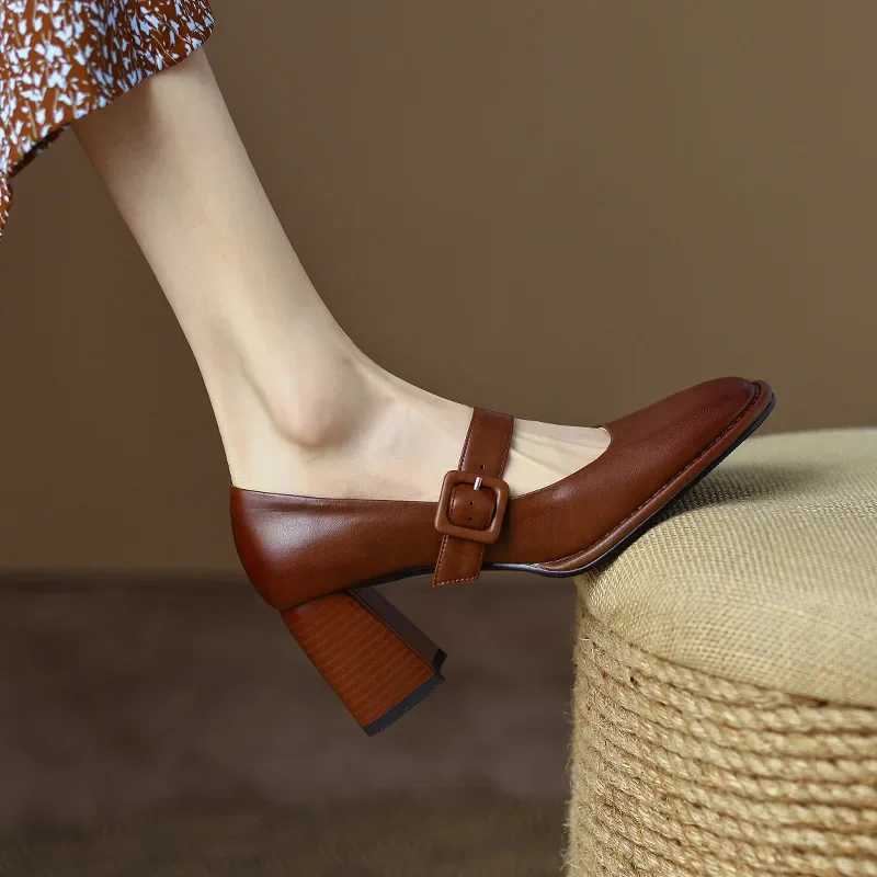 Retro French style womens high heels newly arrived shoes thick high heels brown with Mary Jane high heels flat shoes black high heelsXJ250319