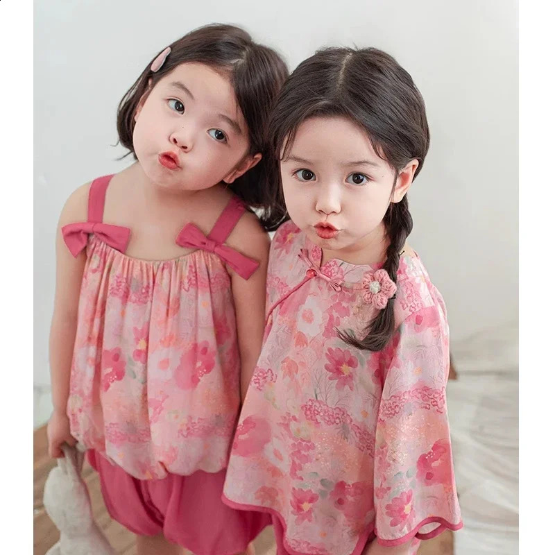 Pink Kids Girls Clothes 2025 Girls Cheongsam Top Pants Set Childrens Vest Flower Bud Pants Summer Childrens Clothing 250319