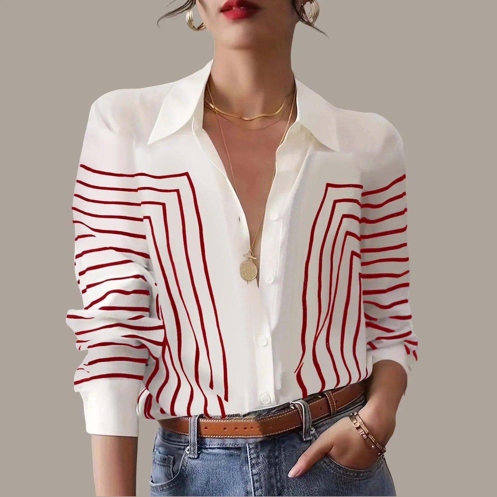 Womens casual lapel cotton linen loose shirt retro Harajuku solid shirt elegant long sleeved button up top for office ladies tuning 250318