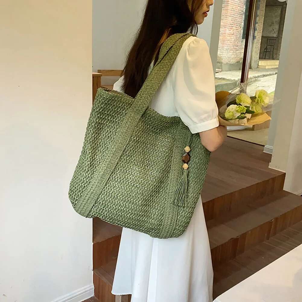 Summer Straw For Women Handmade Woven Shoulder Large Capacity Tote Bags With Pendant Armpit Bag Top-Handle Handbag Purse