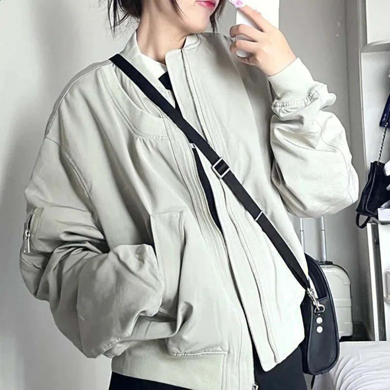 Lucys autumn gray baseball uniform jacket American loose zipper bomber Harajuku streetwear 250319