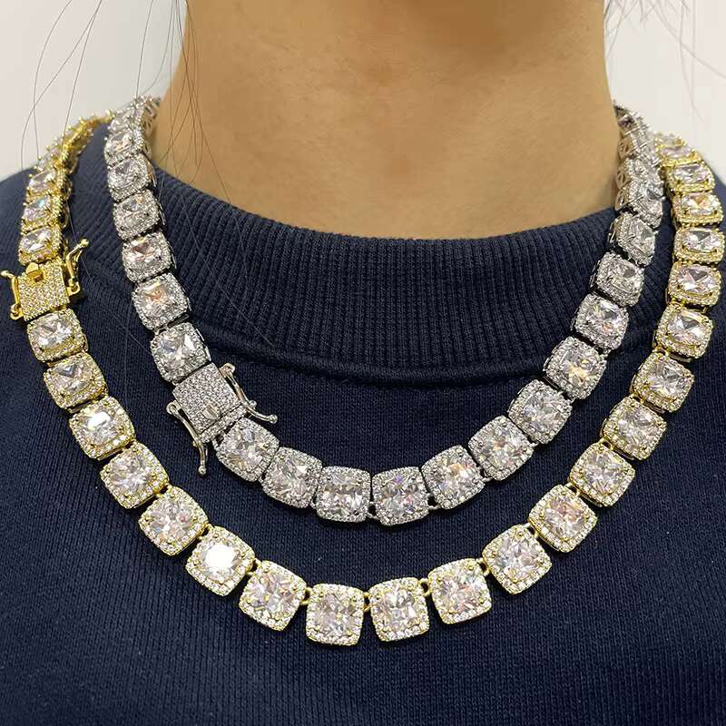 Cluster shaped tennis chain, sparkg jewelry, long stick bread, 10mm rhodium plated, gold-plated, clustered necklace, chocolate ice, cubic zirconia, me