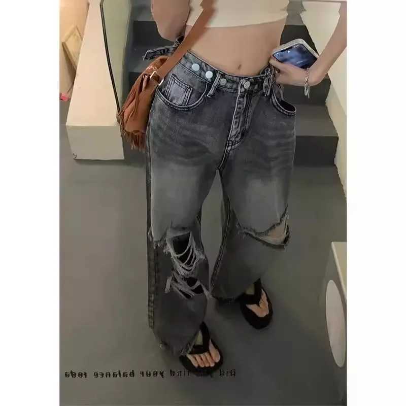 Retro American denim jeans womens ultra-thin high waist straight loose retro street fashion wide leg pantsT250319