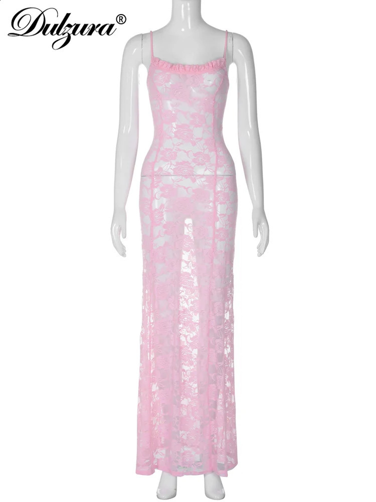 Dulzura See Through Ruffled Patchwork Lace Cami Maxi Dress Sleeveless Sexy Long Dress Party Club Autumn Y2K 250319