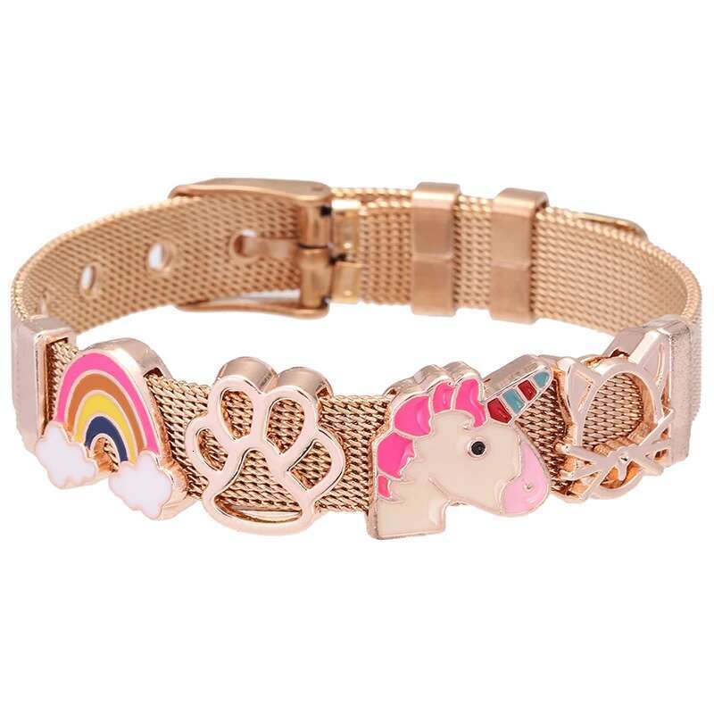 Hot Sale 10mm Rainbow Unicorn Beads Stainless Steel Mesh Bracelets DIY Charm Keeper Bracelets Bangle For Women Men Jewelry Gift