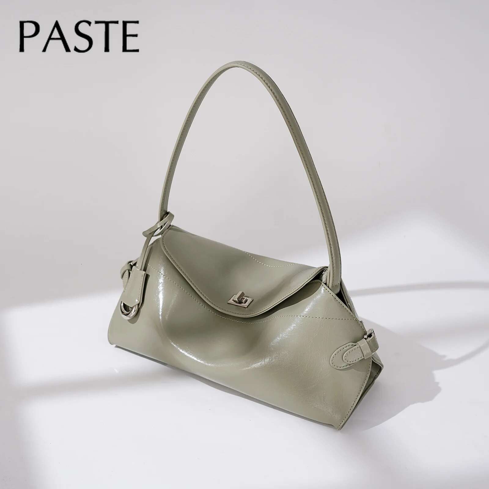2025 New Leisure Matcha Beige Color Large Bowg Tote Oil Wax Glossy Cowhide Leather Women Handbag All-Match Commuter Purse