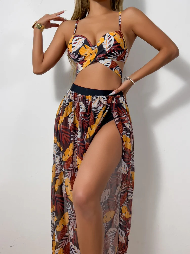 3 Pieces Strappy Bikini Women Push Up Swimsuit Sexy Swimwear Female With Beach Dress Bathers Bathing Swimming Swim Suit 250314