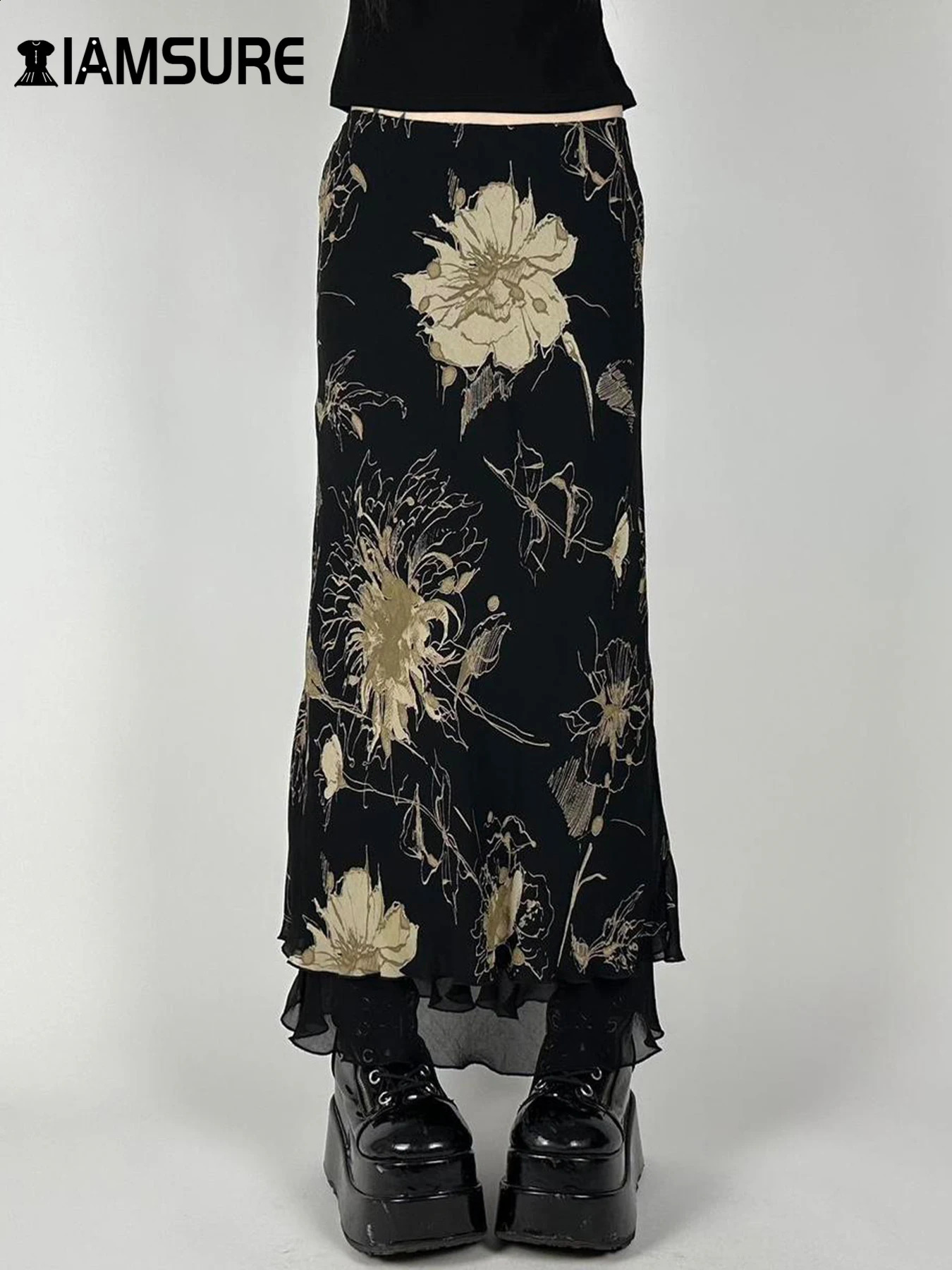 IAMSURE Vintage Floral Mesh Straight Skirt Casual Slim Mid-Waisted Maxi Skirts Women 2024 Summer Spring Fashion Streetwear Lady 250313