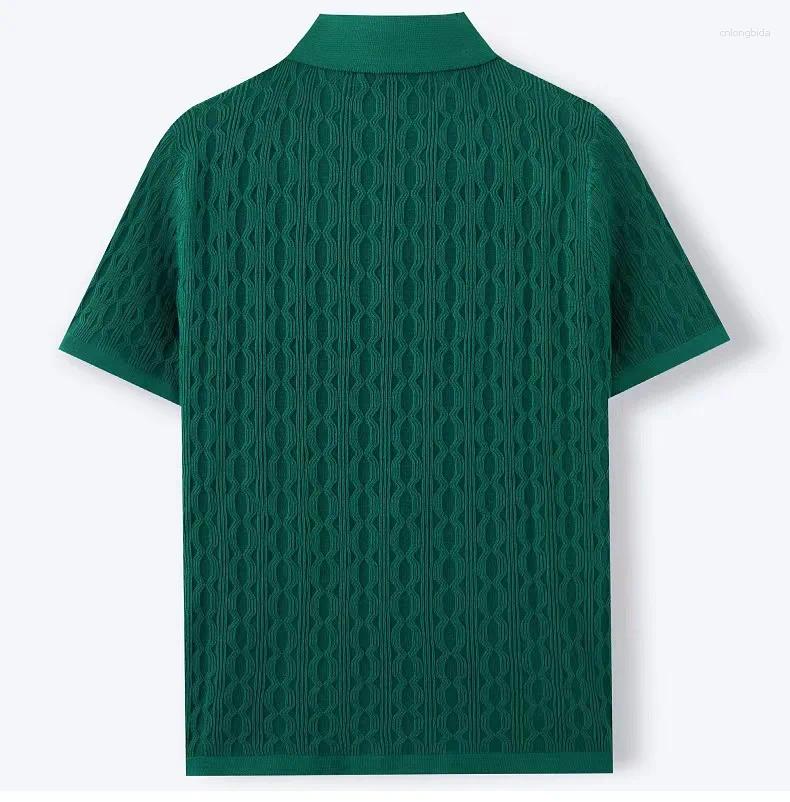 Mens Polos Spring Summer Knit Polo Shirt Men Casual Turn-down Collar Button Solid Geometric Pattern Top Ice Silk Tee Vintage Cardigan