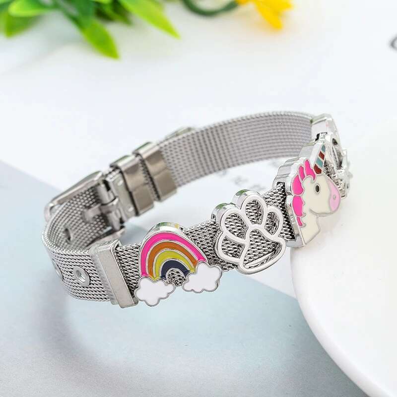 Hot Sale 10mm Rainbow Unicorn Beads Stainless Steel Mesh Bracelets DIY Charm Keeper Bracelets Bangle For Women Men Jewelry Gift
