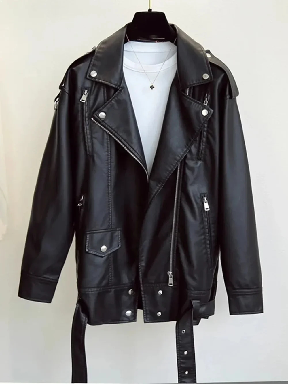 Black PU leather jacket European motorcycle synthetic fashionable womens with ultrafine belt 250319