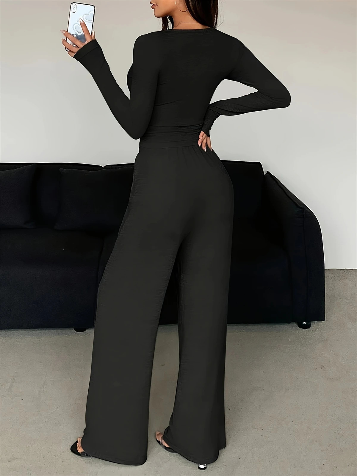 Vneck casual 2piece womens fashionable dragon sleeve ultrathin top high waist straight pants set spring and summer dress 250319
