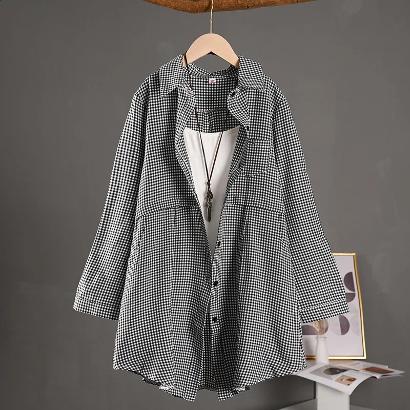 Fashionable and elegant womens shirt with grid pattern weight loss effect perfect for spring summer 250319