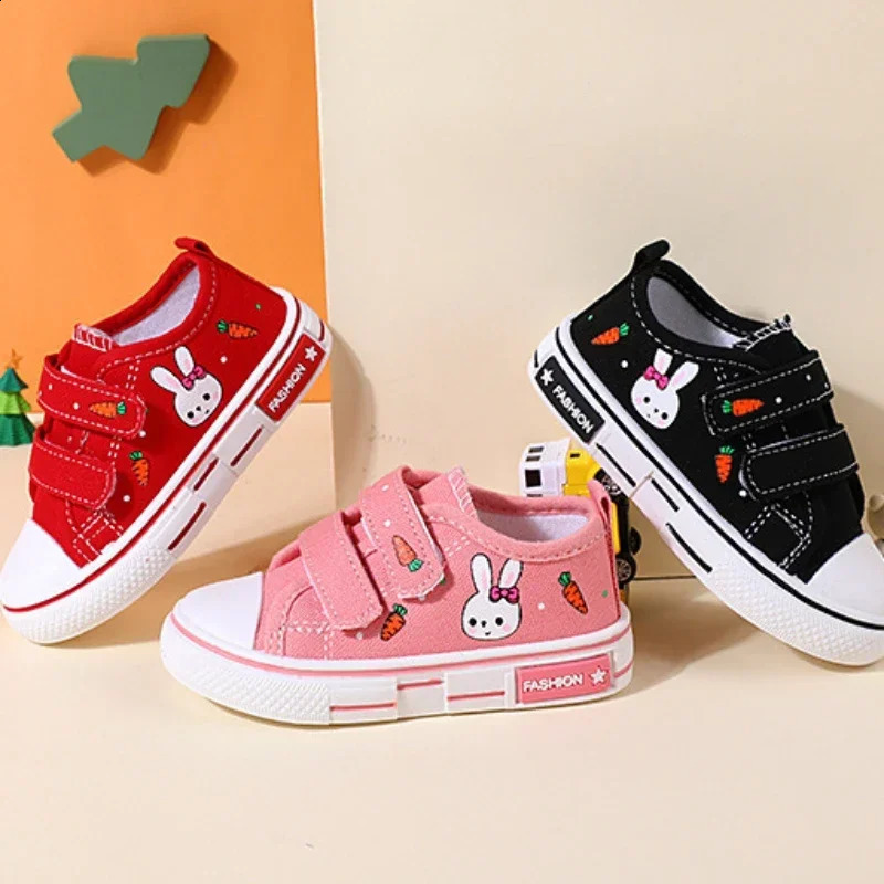 Children Fashion Canvas Sneakers Kids Adorable Rabbit Cartoon Prints Board Shoes Hook and Loop Flat Sole Non Slip Shoes 250319