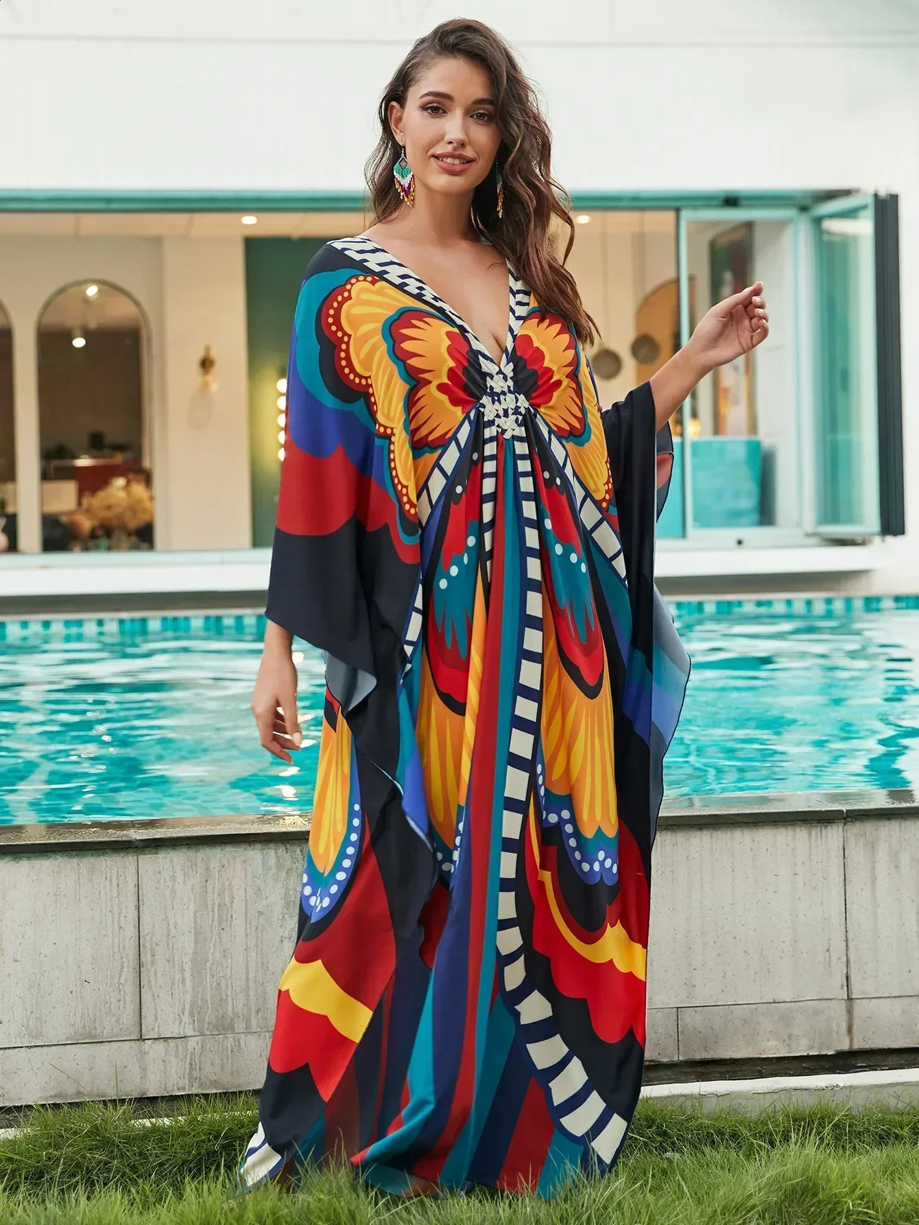 Womens ethnic printed Kaftan beach dress swimsuit plus size coverage suit 250318
