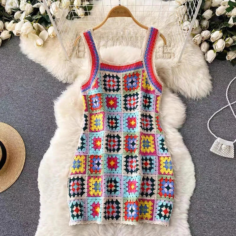 EVNISI Womens Sexy Bohemian Shoulder Camisol Dress Flower Printed Hollow Knitted Dress Casual Womens Beach Vacation Tank Top 250317