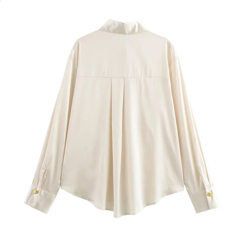 Womens pure satin shirt with gold buttons long sleeved loose top 250319