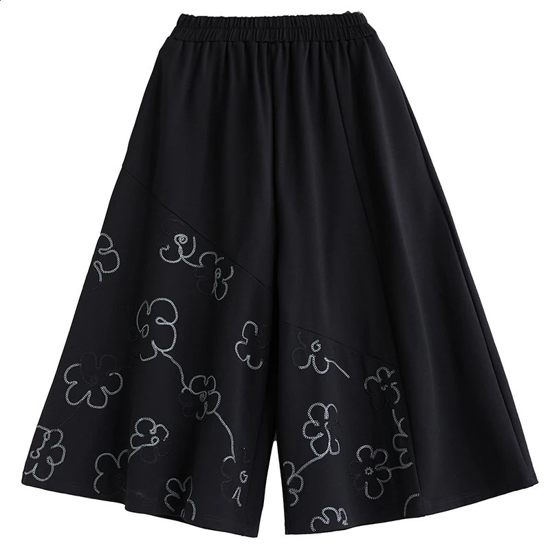 Wxw2930 Black Wide Leg Pants Womens Ankle Length Loose ed Flower Retro Street Split Trousers 250318