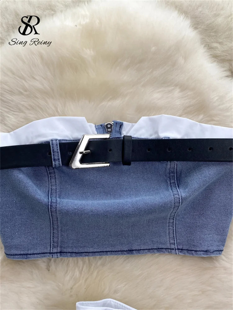 SINGREINY Fashion American Retro Y2K Sexy Denim Suits Women Strapless Mini Top Pleated Mini Skirt Vintage Beach Two Pieces Set 250319