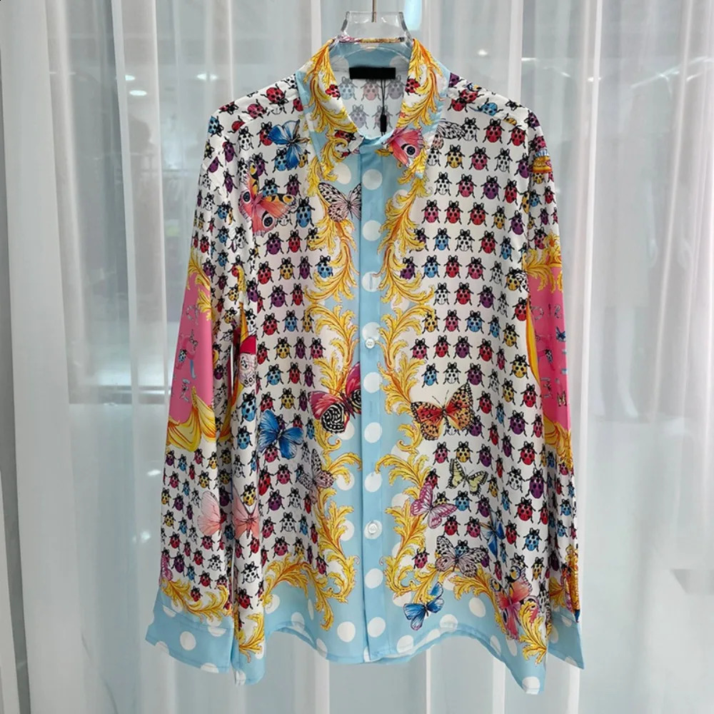 Spring and summer mens casual fashion seven star ladybug print trendy long sleeved floral loose top 250317