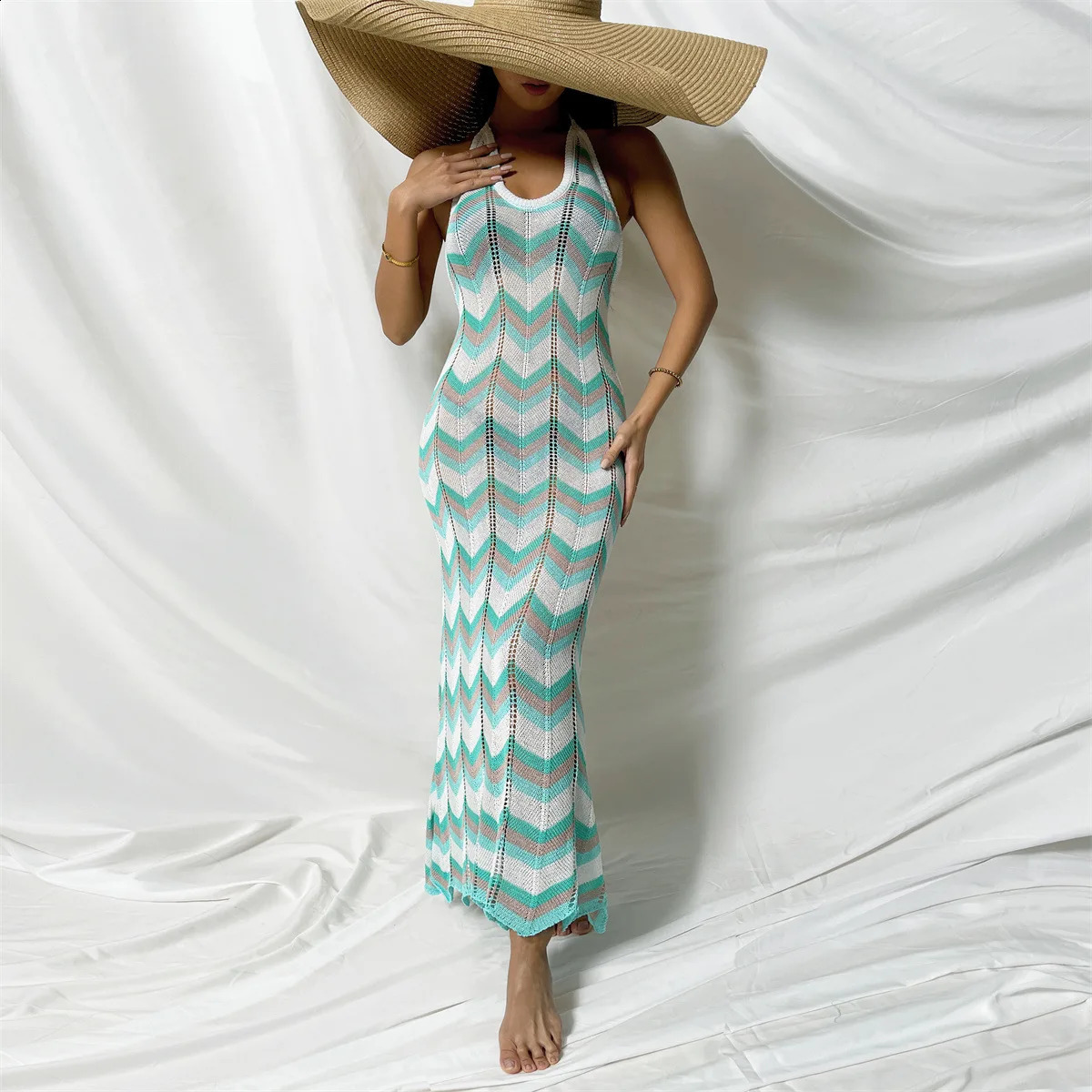 Summer Sexy Knitted Strap Backless Long Beachwear Women Dress Zigzag Motif Breathable Tie Female Missony Beach Pool Clothes 250319 C260312