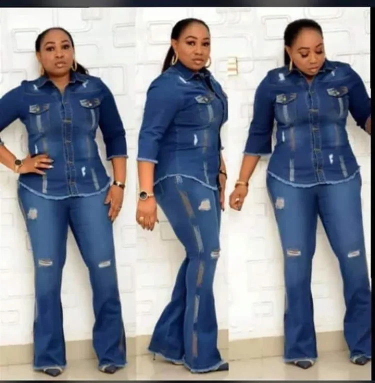 Two piece womens denim suit jeans jacket single chest revolving door collar sparkling pants womens clothing casual ensemble 250314