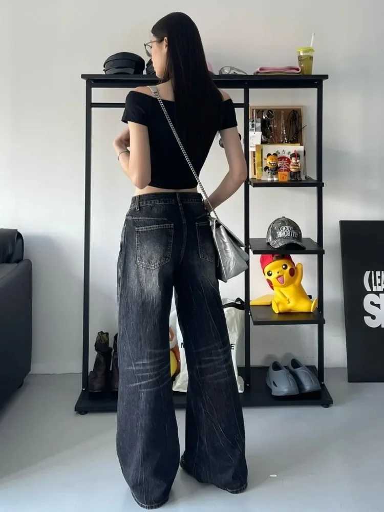 HOUZHOU GRUNGE Y2K Black Jeans Womens Baggy Retro Street Oversized Denim Trouser Gothic Gyaru 2000 Acubi Fashion JeansT250319