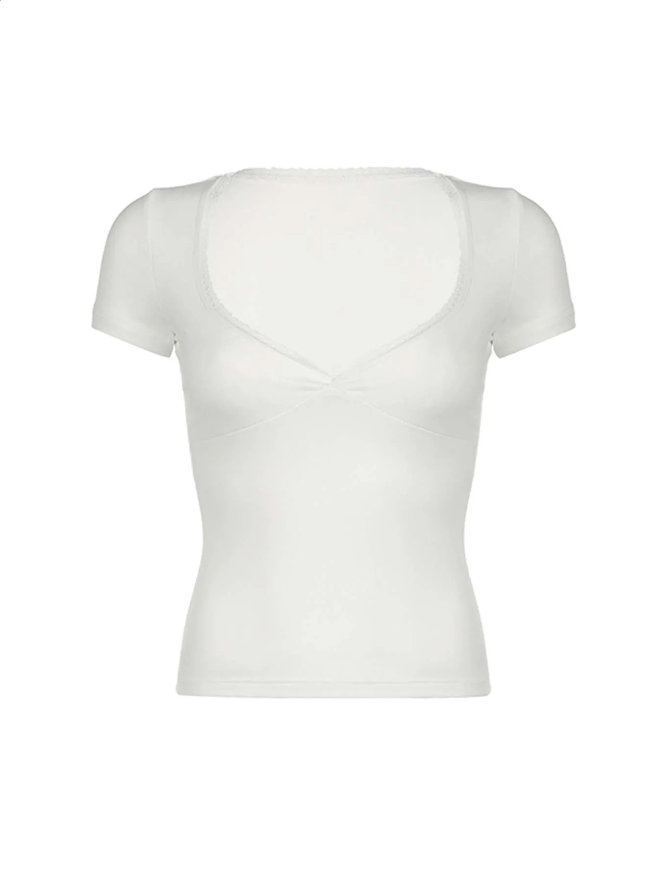 Sweetown Black Solid Slim Elegant Basic Short Sleeve Tees Lace Trim Cute Y2K V Neck White T Shirts Women Summer Streetwear Tops 250319