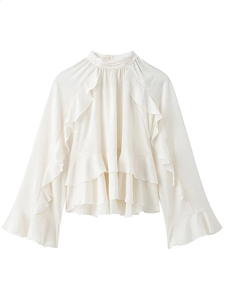 Casual Cascaded Ruffle Puff Sleeve Womens Loose Oneck White Top 2025 Spring Fashion Elegant Shirt 250319