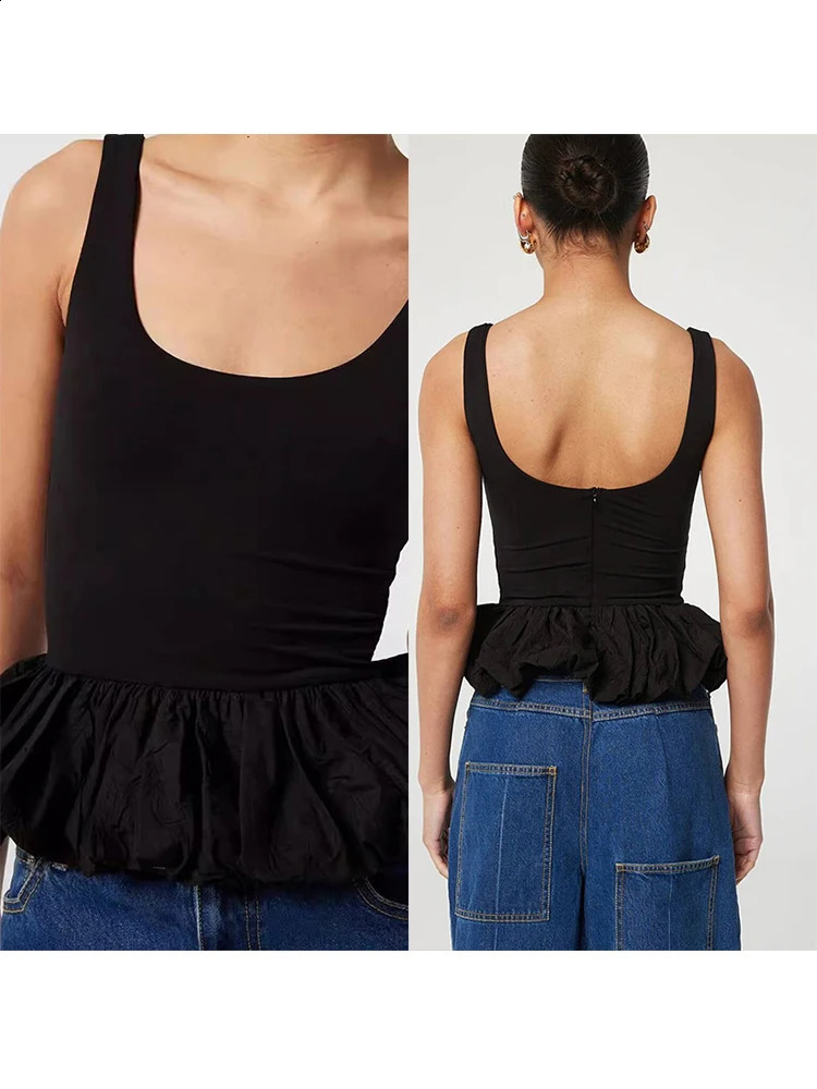 Ultra thin pleated edge pleated vest for womens sexy backless long sleeved square neckline womens vest summer elegant womens streetwear 250314