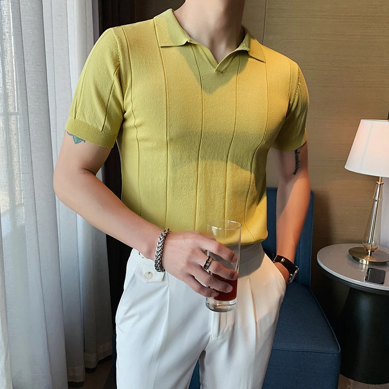 British style V-neck polo shirt mens summer short sleeved knitted tee fashion lapel solid color slim fit business casual polo 250318