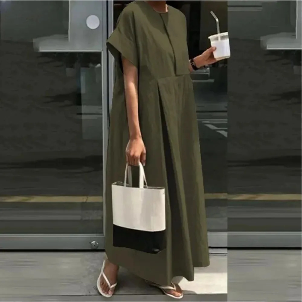 Large size womens L5XL Plus loose cotton dress round neck solid color long skirt college style short sleeved casual 250319