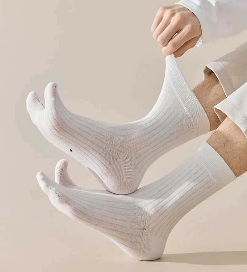 Casual Vertical Stripe Middle Tube 2 Shoes and Socks Mens Solid Color Thumb Split Shoes and Socks Spring Autumn Elastic Double Shoes and Socks X250319