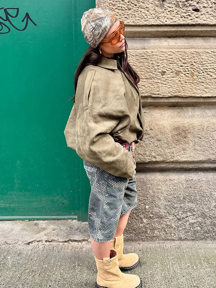 Casual suede zipper long sleeved womens Coats retro lapel pocket jacket spring short streetwear 250317
