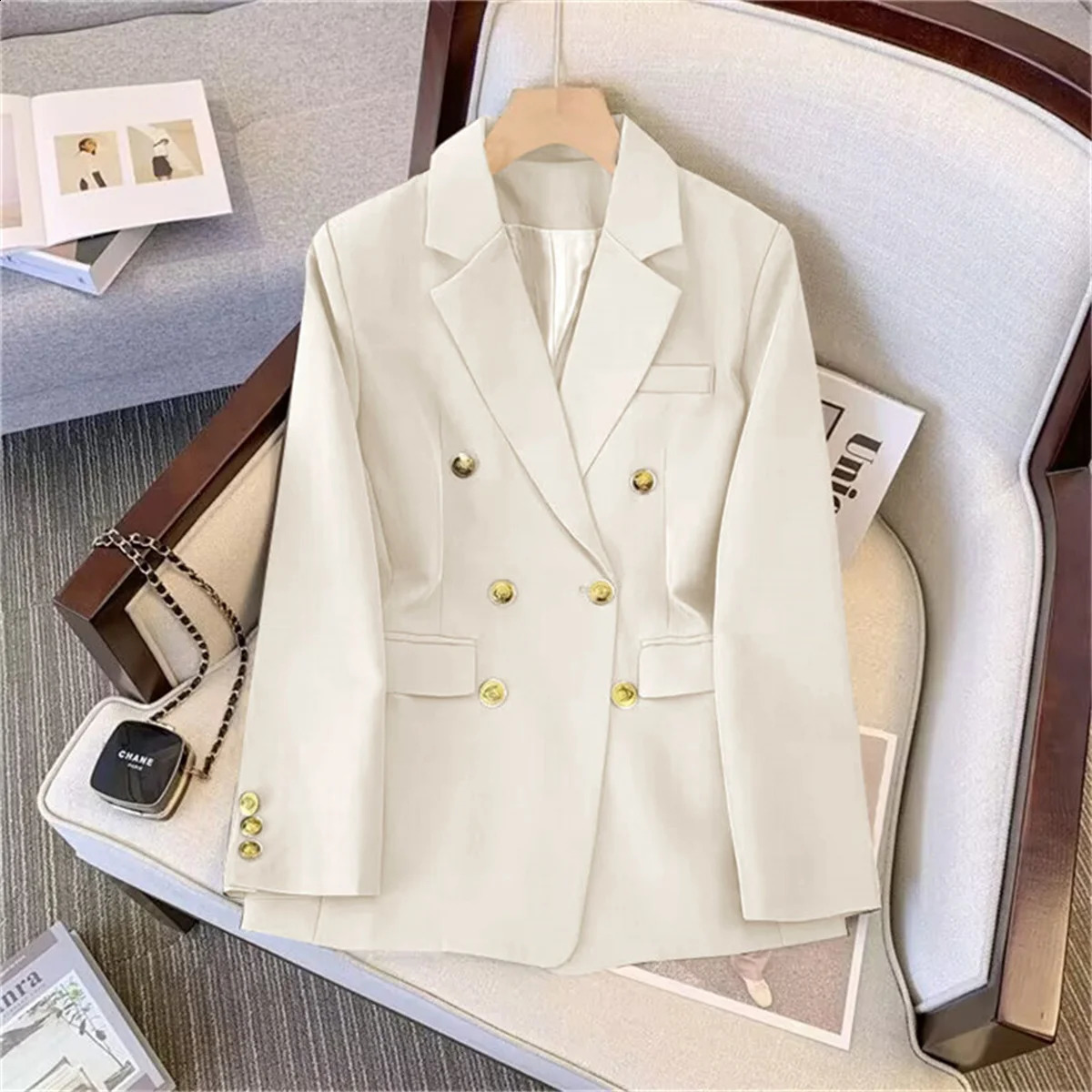 Womens fashionable warm jacket long sleeved double chest ultrathin autumn spring suit office womens casual 250319