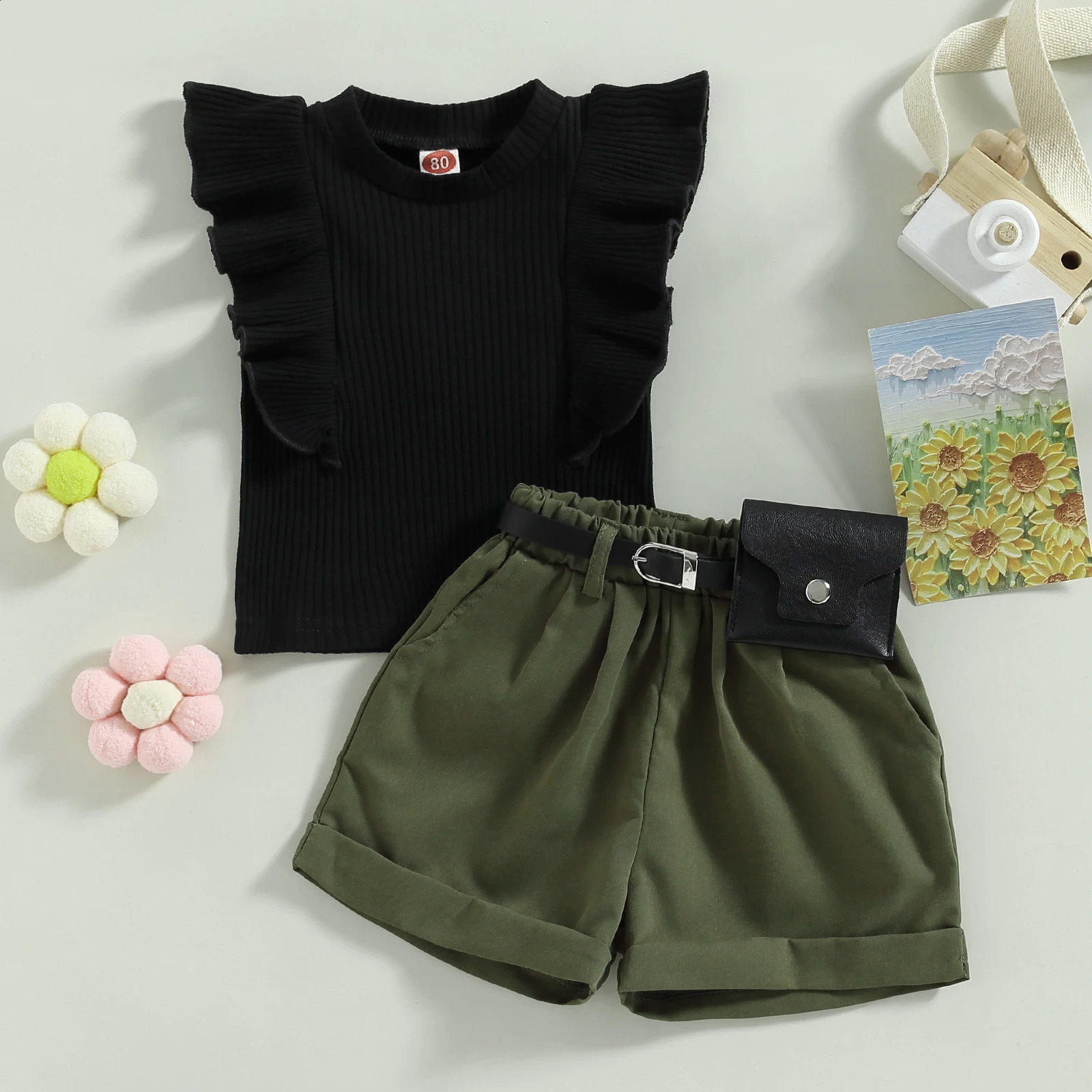 Children infants girls summer clothing flight sleeves ribbed tank tops and elastic casual shorts with belt set 9M4T 250312