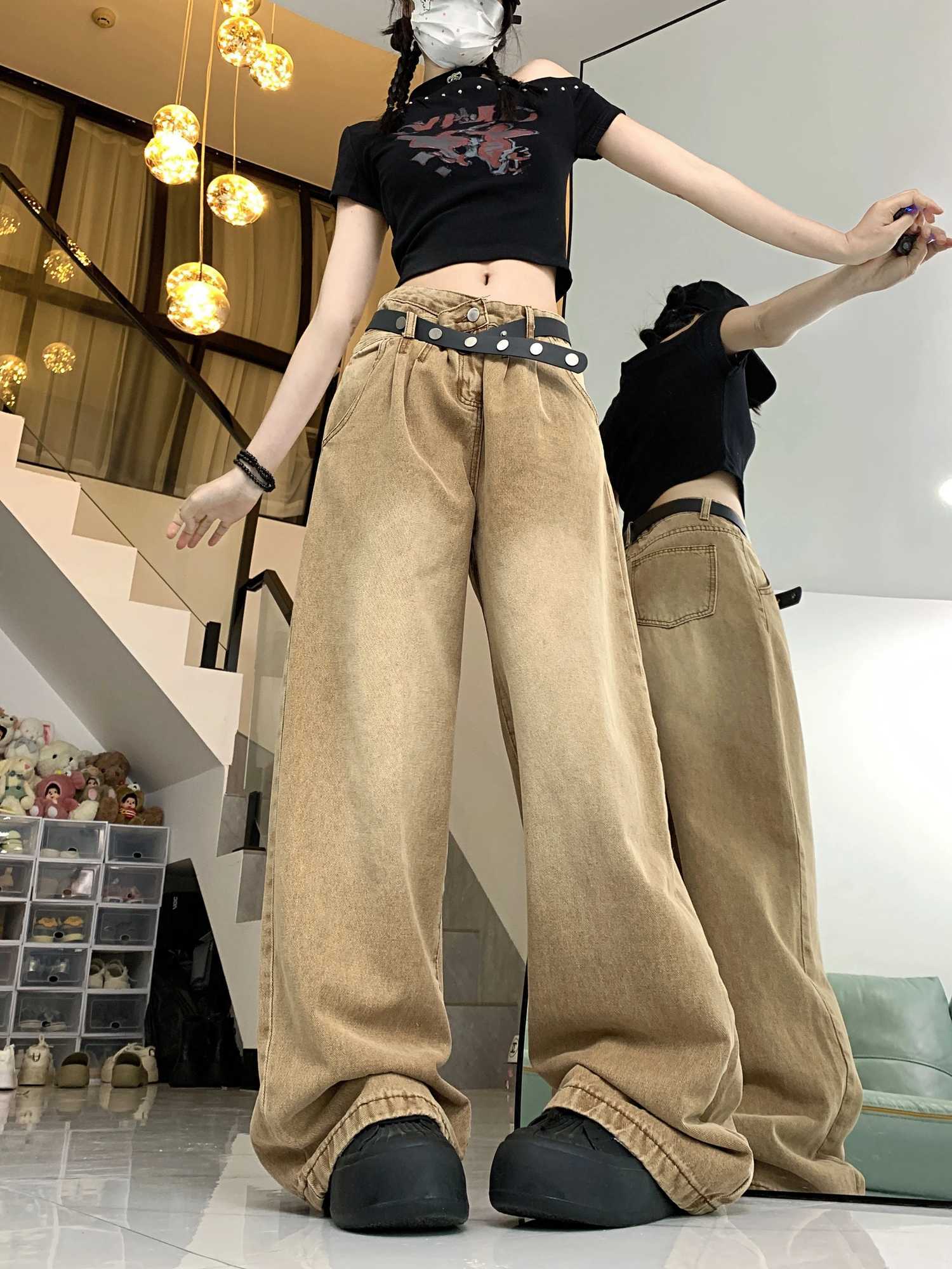American retro design womens pants high waisted trendy full match new Y2K jeans summer fashion personality womens jeansT250319
