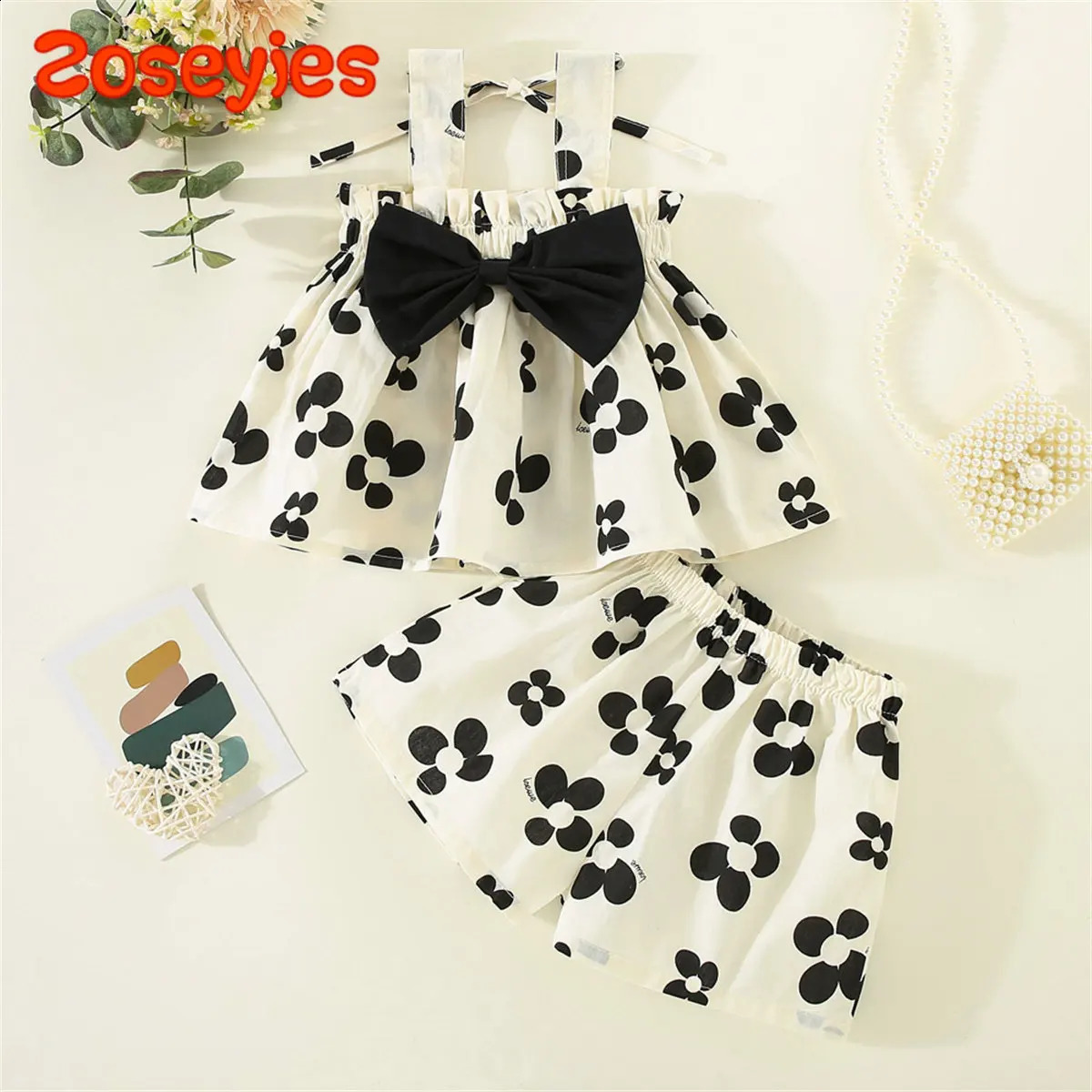 Cute printed bow decoration with top and bottom for preschool girls aged 03 in summer 2 piecesset 250319