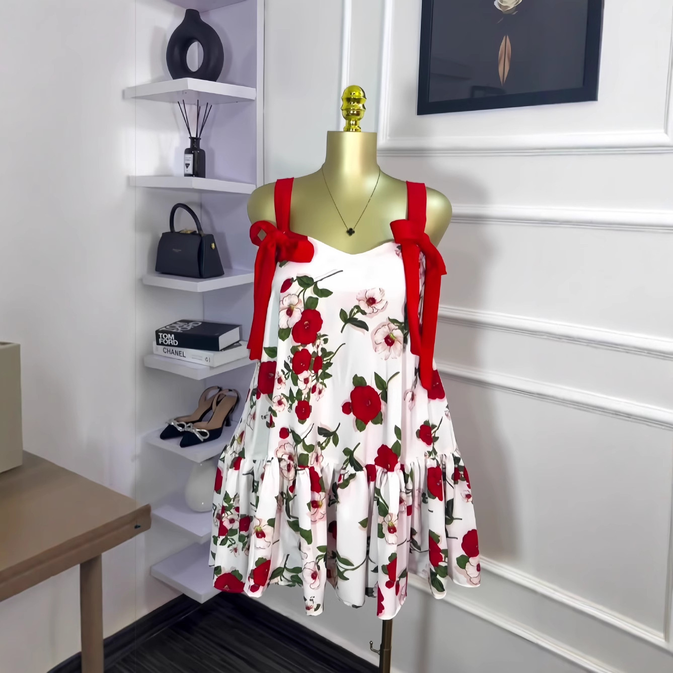Women's 2025 Spring New Sleeveless Printed Shoulder Bow Strap Folded Short Dress