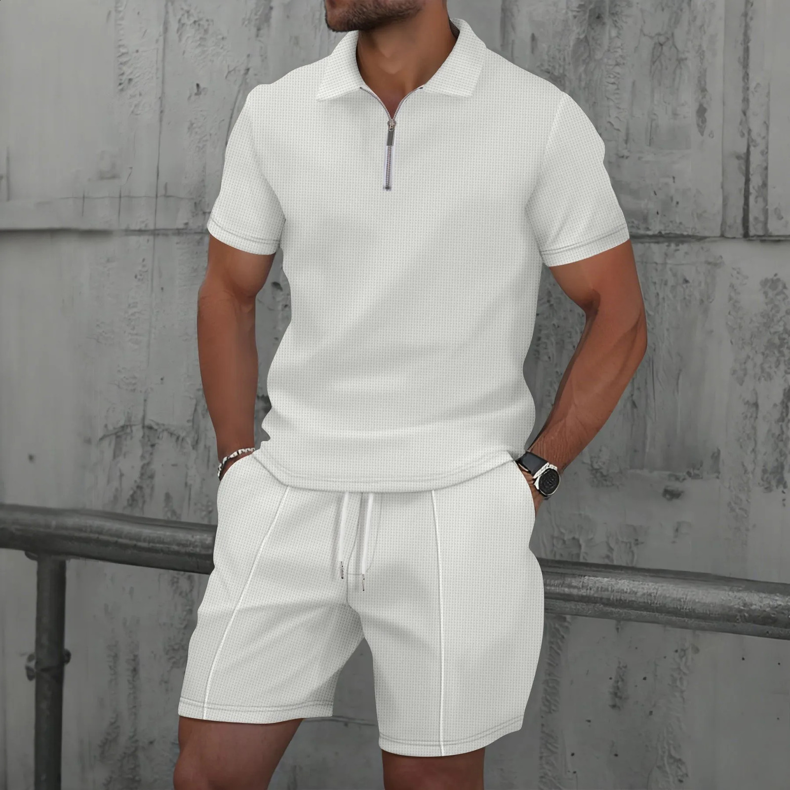Mens European and American Summer Waffle Solid Color Zipper Collar Short Sleeve Set Two Sets 250318