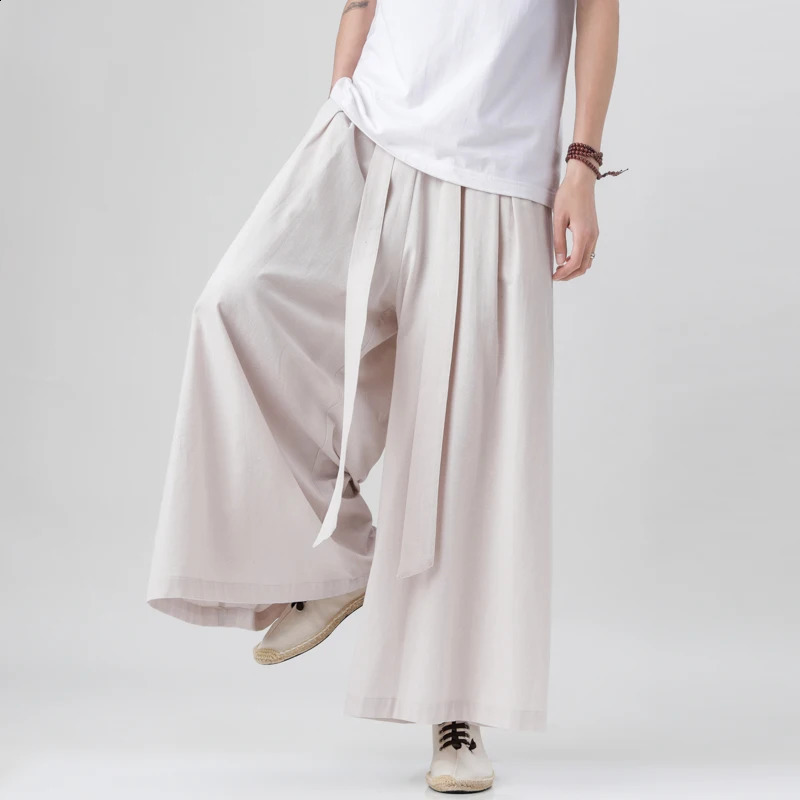 Chinese Style Harajuku Linen Cotton Linen Pants Man Japanese Kimono Pants Male Streetwear Summer Retro Wide-Leg Trousers 250317