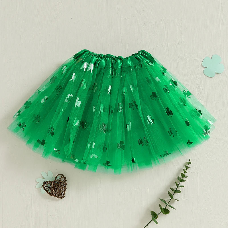 St Patrick s Day Green Clover Print Tutu Skirt for Baby Girls Elastic Waist A-Line Princess Skirt Toddler Outfit Cute Clothes 250319