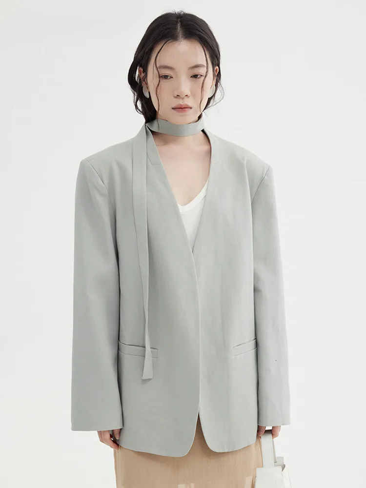 Women Gray Lace Up Ribbon Elegant Blazer V-Neck Long Sleeve New Casual Jacket Fashion Tide Spring Autumn 2025 A568