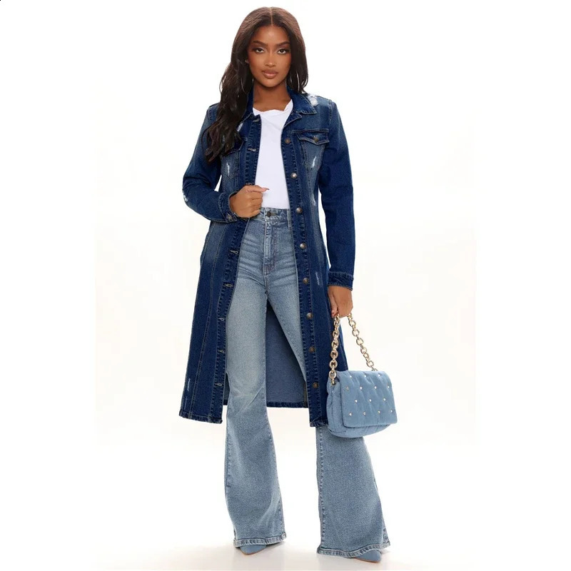 ly arrived fashion hole cotton autumn winter long denim jacket 2023 trench coat cardigan wool sweater womens sleeved jeans 250319