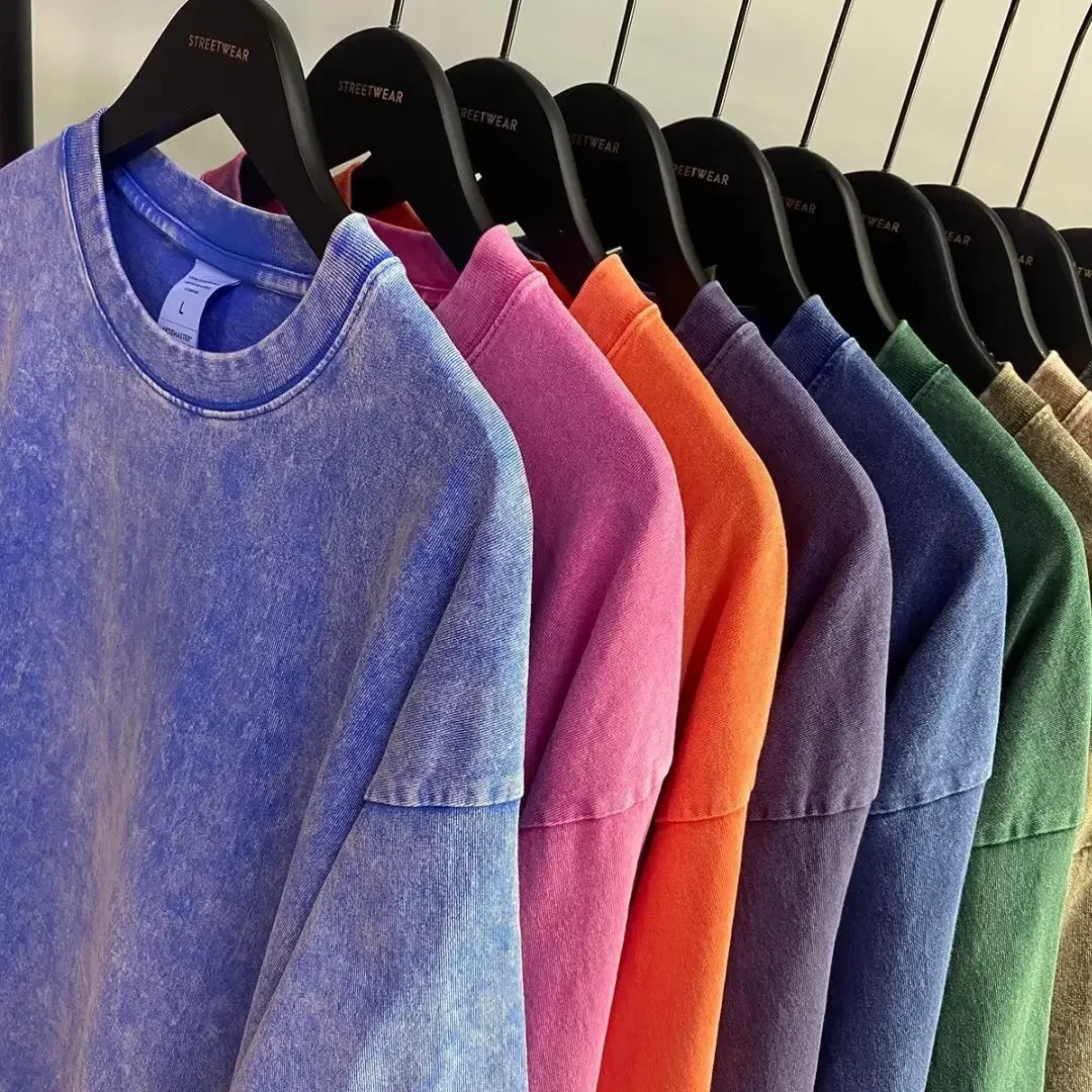 American style retro heavyweight solid color short sleeved Tshirt mens summer street trend washed out oversized clothes 250319