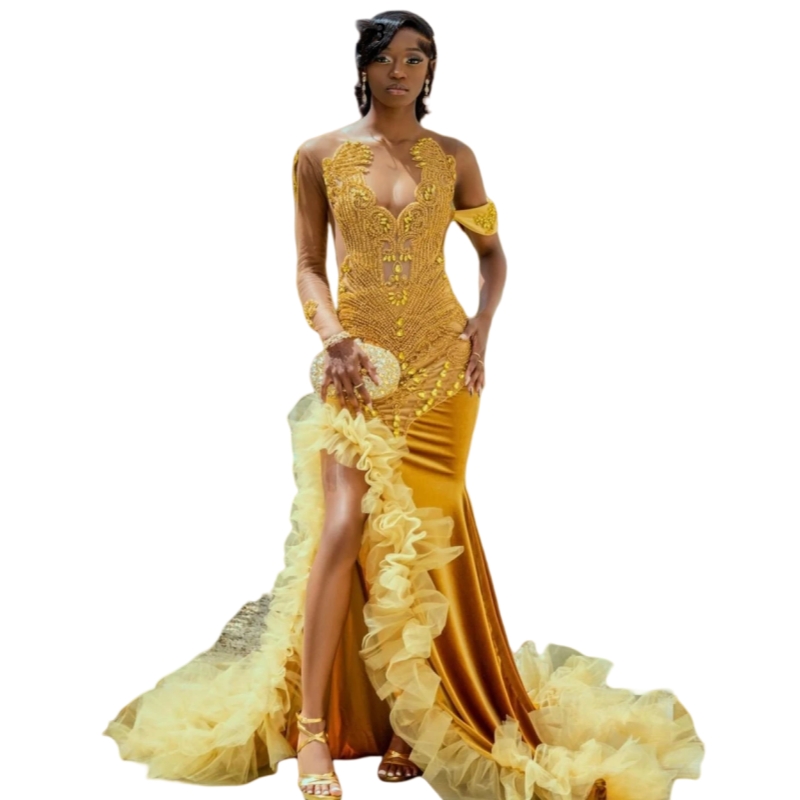 Luxurious African Gold Crystal Mermaid Prom Dresses Side Slit Ruffles Stylish Evening Gown Beaded Glitter Formal Party Events Dress