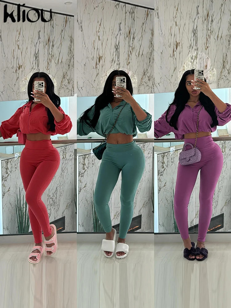 kliou Autumn Casual Women 2 Piece Set Classic Solid Long Sleeve Drawstring Zip-up CoatsSlim Pants Female Basic Sporty Outfits 250319