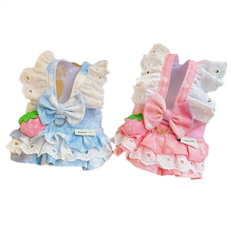 Ultra thin Demin dog dress shoulder strap princess mini teddy bear traction spring summer pet cat suit Ropa Para Perro with belt 250318