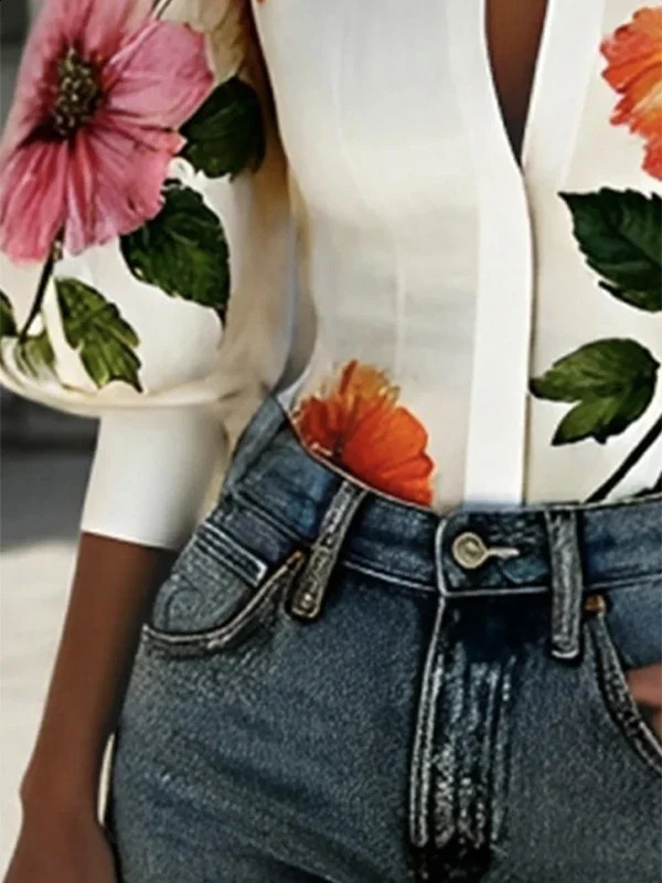 Krismile Women Elegant Blouses Tops Puff Sleeves Asymmetric Floral Printed Lapel Shirts Tops for Woman 2025 Spring Summer 250318