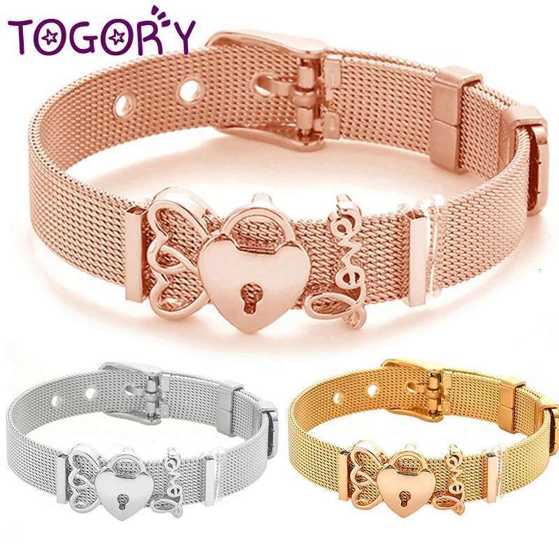 New Stainless Steel Mesh Bracelets Original Heart Love Key Beads Buckle Keeper Bracelets For Women Men Fashion Jewelry Gift